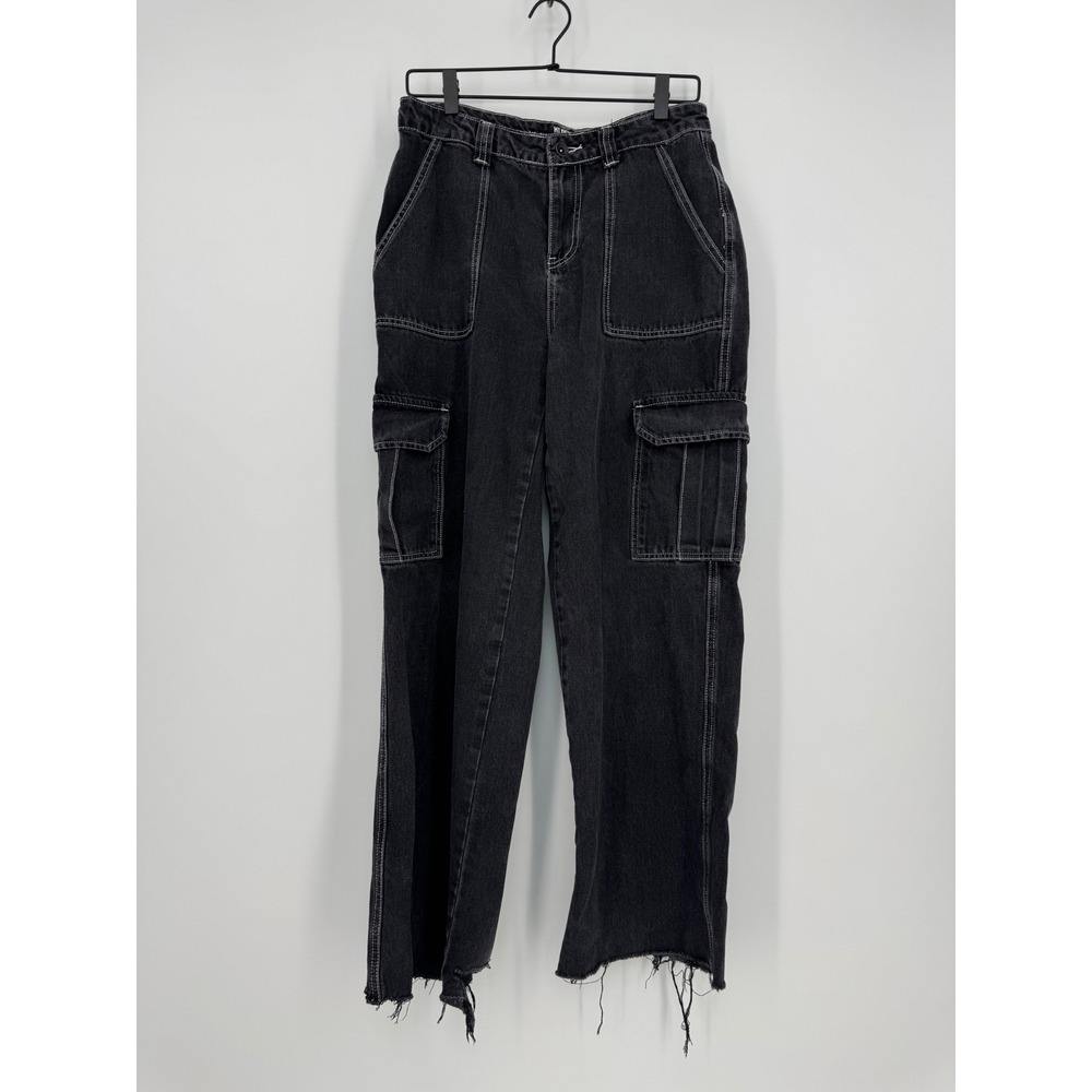 HT Denim Womens Hi-Rise Carpenter Jeans Black Cargo Wide Leg Size 7 Distressed